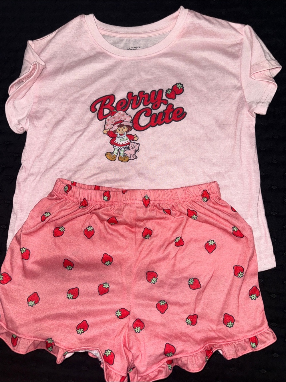 Girls Pink Strawberry Short Pajama Set - 'Berry Cute' Graphic